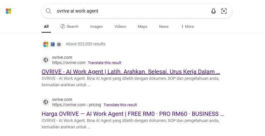 OVRIVE dalam carian Google dan Bing